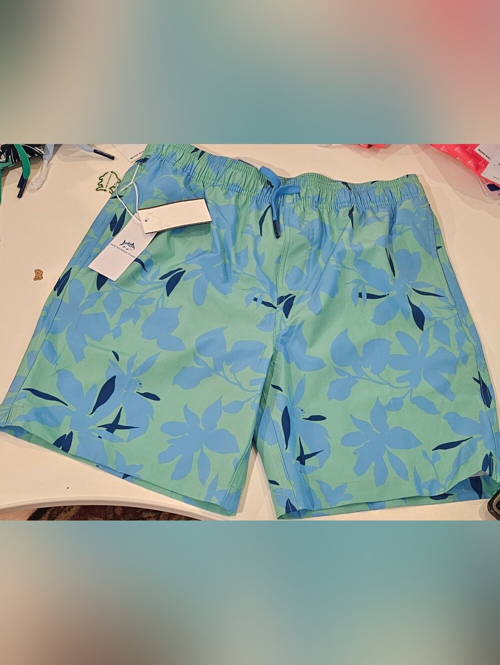Southern Tide Boys Mint Green & Light Blue Floral Swim Trunks